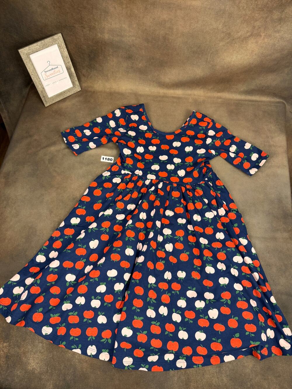 Hanna Andersson Girls Navy Apple Print Twirl Dress Size 10 140 #1180